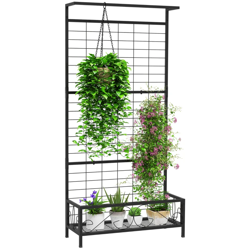 Outsunny Metal Tall Plant Stand with Trellis and Hanging Bar, Plant Holder for Indoor Outdoor Use, 35" x 12.8" x 74", Black