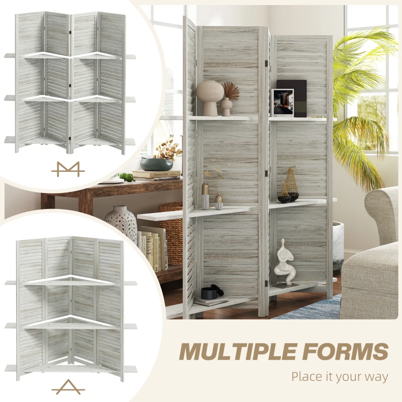 HOMCOM 4-Panel Wall Partition Room Separator with 3 Storage Shelves Foldable Design Wooden Frame 5.6FT Distressed White