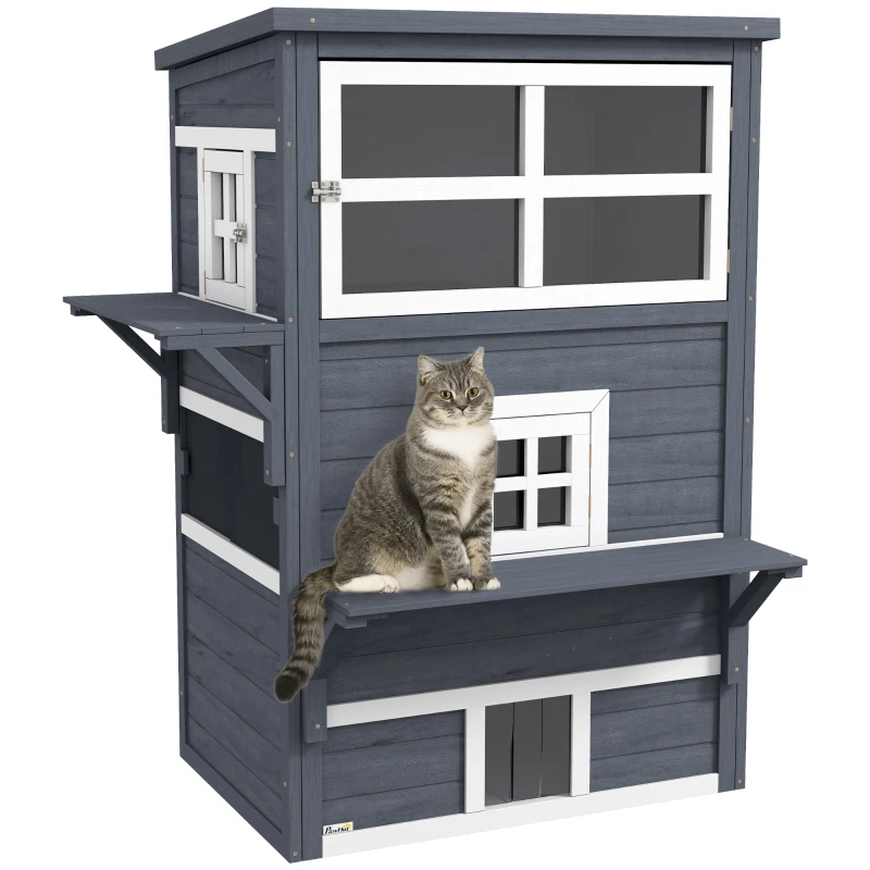 PawHut Cat House, Outdoor 3-Tier Kitty Shelter, Weather Resistant, w/ Escape Door