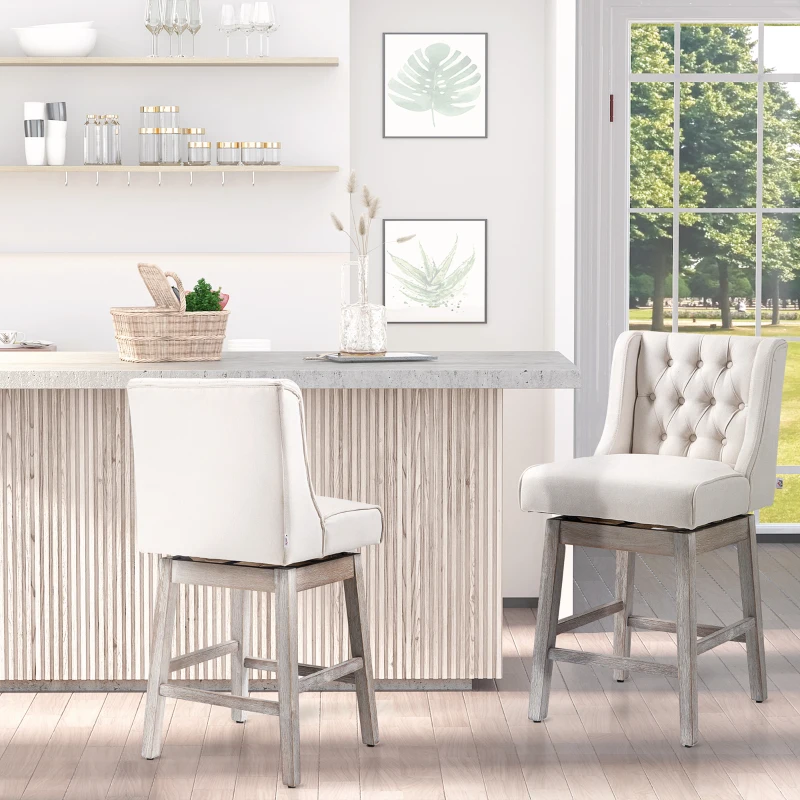 HOMCOM Swivel Bar Stools Set of 2, 27" Counter Height Stools with Linen Upholstery and Button Tufted Design for Kitchen