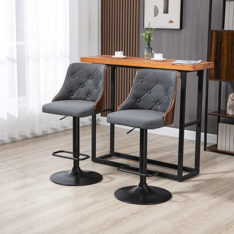 HOMCOM Counter Height Bar Stools Set of 2, Height Adjustable Swivel Barstools with Footrest and Tufted Back, Linen Fabric Bar Chairs, Dark Grey