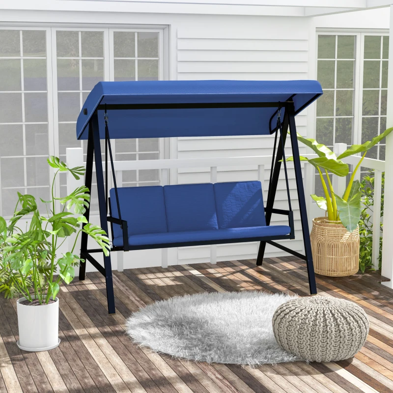 Outsunny 3-Person Patio Swing Chair, Outdoor Porch Swing with Adjustable Canopy, Removable Cushions for Garden, Backyard, Blue