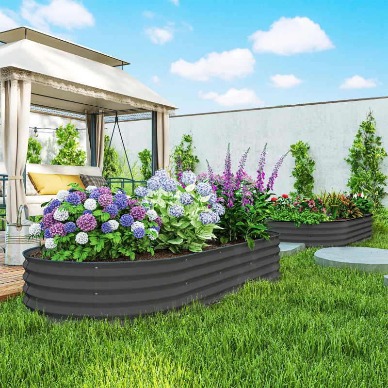 Outsunny 7' x 3' x 1' Raised Garden Bed Set, 2PCS Raised Beds for Gardening with Metal Plant Stakes, Dark Gray
