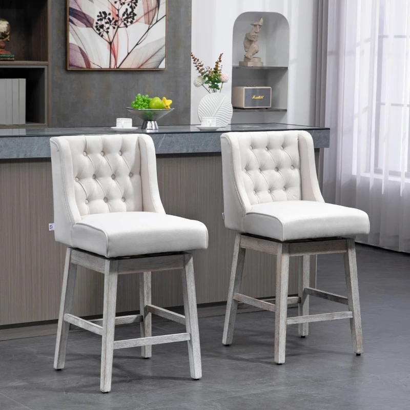 HOMCOM Swivel Bar Stools Set of 2, 27" Counter Height Stools with Linen Upholstery and Button Tufted Design for Kitchen