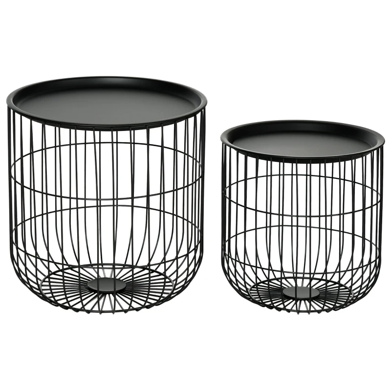 HOMCOM Coffee Table Set, Nest of Coffee Tables with Steel Wired Basket Body and Removable Top for Living Room, Black