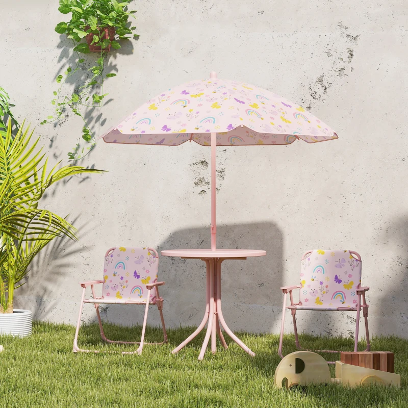 Qaba Kids Picnic Table and Chair Set, Outdoor Activity Table with Foldable Chairs, Removable Umbrella for Backyard, Pink