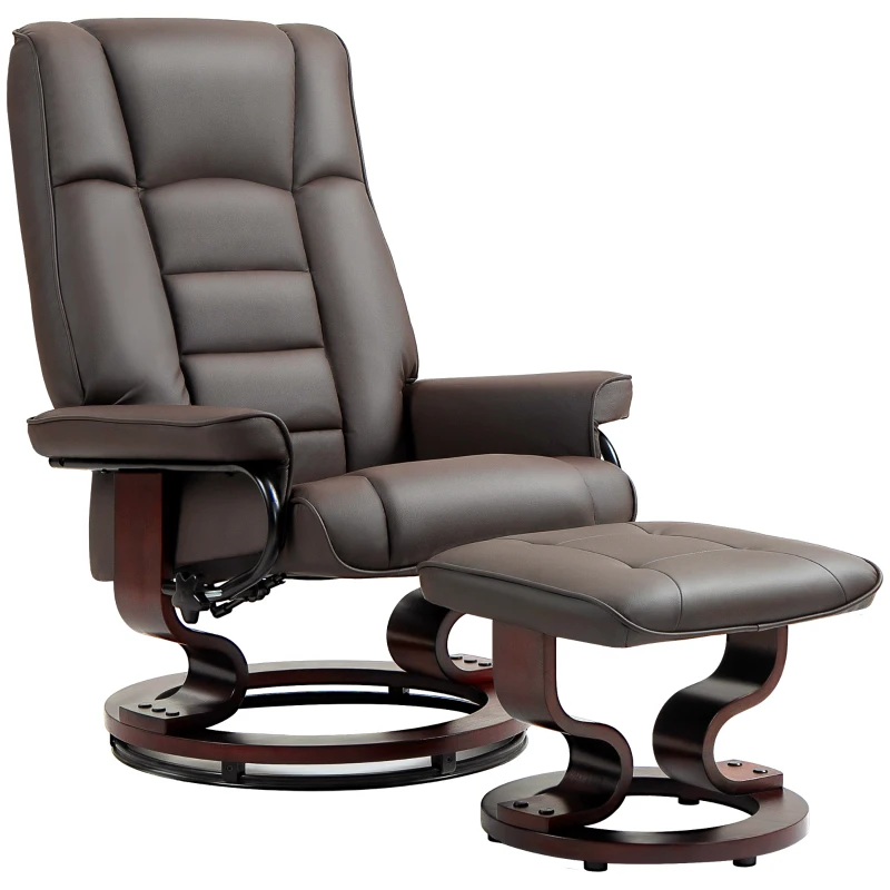HOMCOM Faux Leather Recliner with Ottoman, Swivel Recliner Chair and Ottoman with High Back and Wood Base, Brown