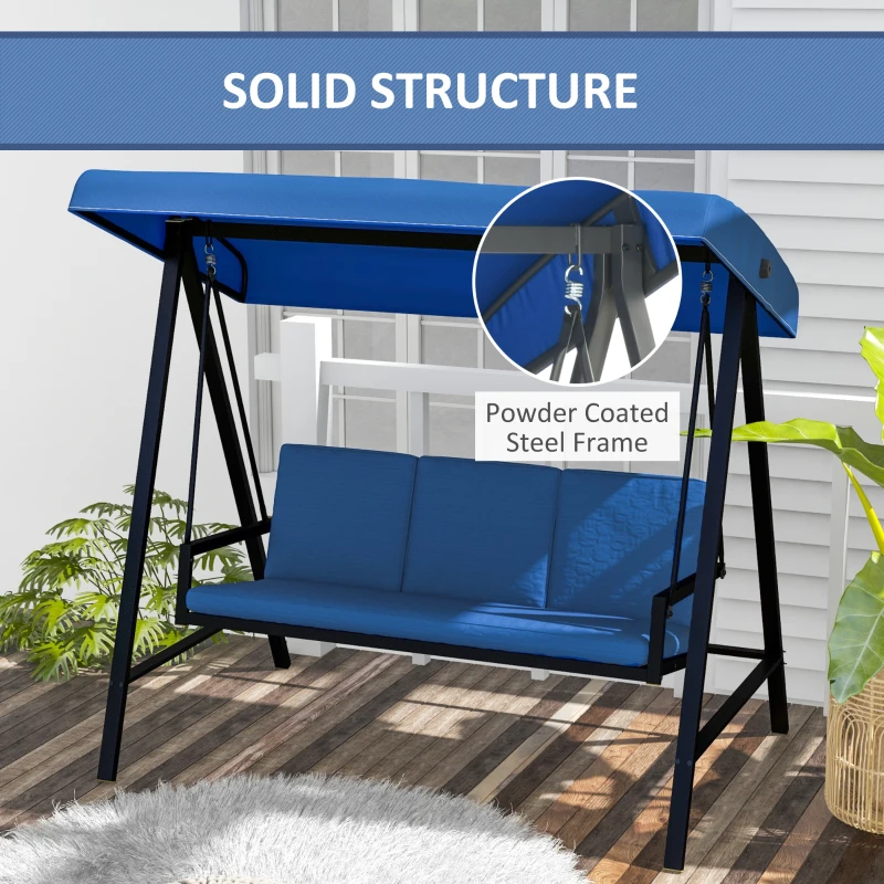 Outsunny 3-Person Patio Swing Chair, Outdoor Porch Swing with Adjustable Canopy, Removable Cushions for Garden, Backyard, Blue