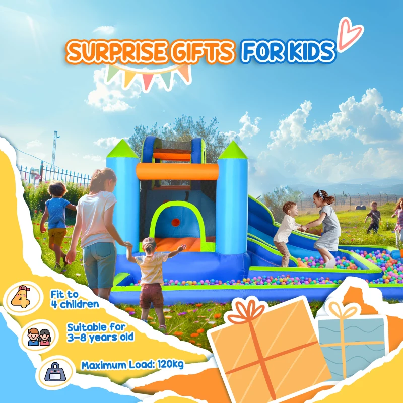 Outsunny Kids Inflatable Water Slide 5-in-1 Bounce House Water Park Jumping Castle with Water Pool, Slide, Climbing Walls, & Water Cannons, 450W Air Blower