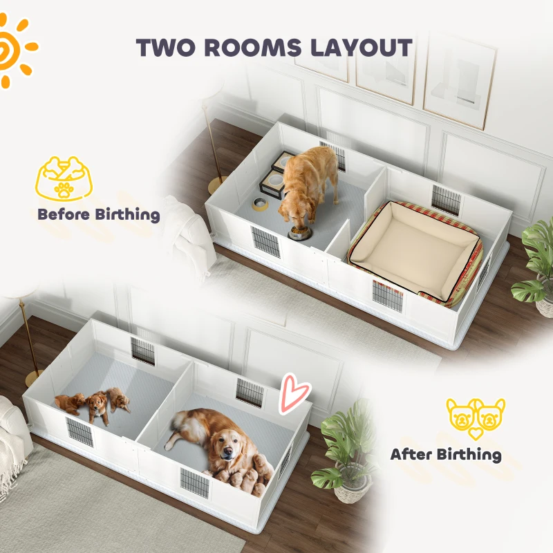 PawHut Two Rooms Design Dog Whelping Box with Washable Pee Pad, Adjustable Door, for Large Breed Dogs, 96" x 47" x 19"