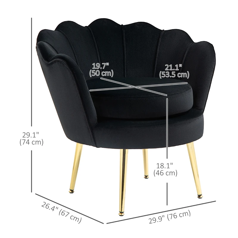 HOMCOM Modern Accent Chair, Velvet-Touch Fabric Leisure Club Chair with Gold Metal Legs for Bedroom, Black