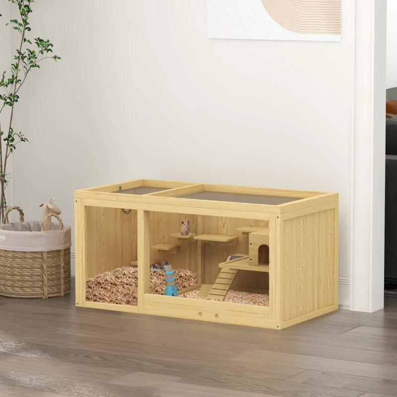 PawHut Extra Large Wooden Hamster Cage with Pull-out Tray, Seesaws, Ladder