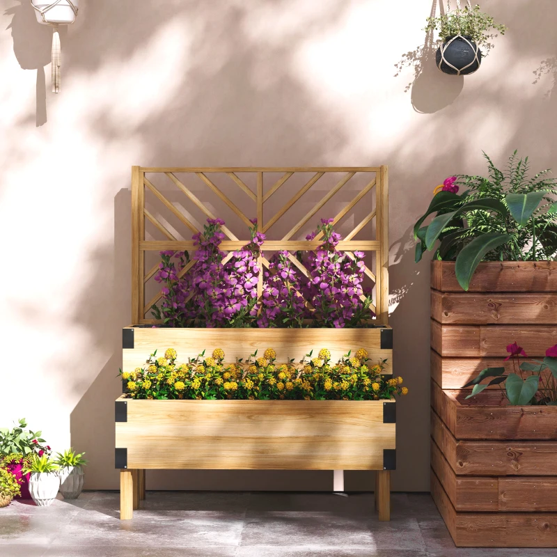 Outsunny 2 Tier Trellis Planter, Wooden Raised Garden Bed, Natural