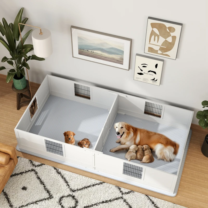 PawHut Two Rooms Design Dog Whelping Box with Washable Pee Pad, Adjustable Door, for Large Breed Dogs, 96" x 47" x 19"