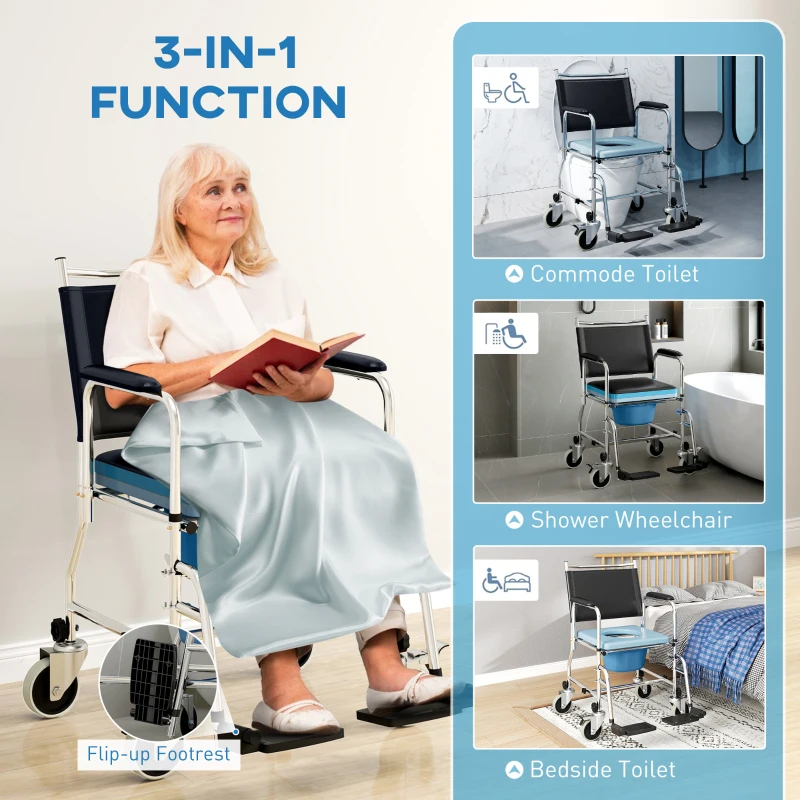 HOMCOM Rolling Shower Chair, Bedside Commode Wheelchair with Padded Seat, Backrest, for Seniors, Disabled, 300 lbs, Black