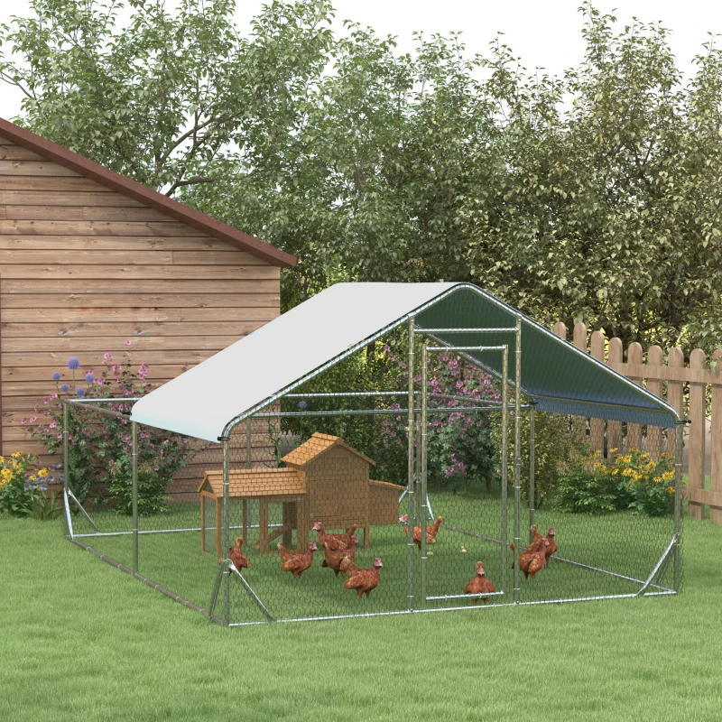 PawHut Large Chicken Coop Metal Chicken Run for Chickens with Waterproof and Anti-UV Cover, Spire Shaped Walk in Fence Cage Hen House for Outdoor and Yard Farm Use, 1" Dia, 9.8' x 13.1' x 6.4'