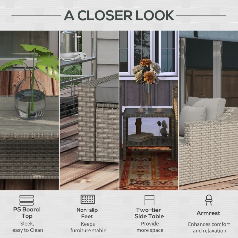 Outsunny 5pc Patio Furniture Set, All Weather PE Rattan Conversation Chair and Ottoman Set w/ Table, Cushion Pillows, Gray