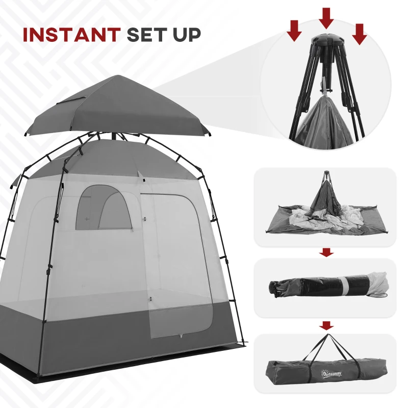 Outsunny Two Room Pop Up Shower Tent with Shower Bag, Floor and Carry Bag, Dark Gray