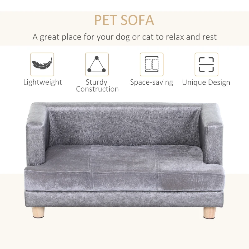 PawHut Luxury Fancy Dog Bed for Small Dogs with Thick Foam, Small Dog Couch with Soft Fuzzy & Faux Leather Combo, Dog Sofa Bed, Rectangle Modern Furniture for Puppies and Little Breeds, Gray