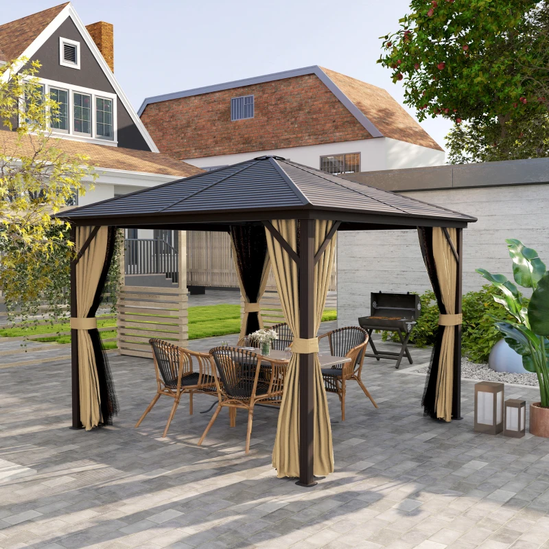 Outsunny 10' x 10' Hardtop Gazebo Outdoor Aluminum Gazebo Canopy with Mosquito Netting, Curtains, Hanging Hook, Brown