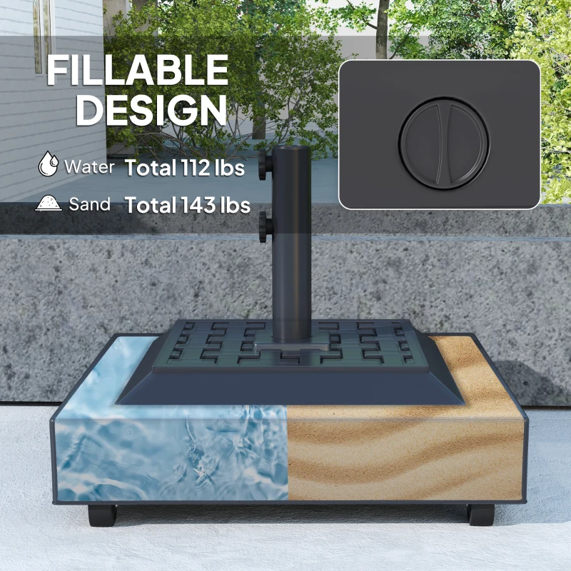 Outsunny Outdoor Umbrella Stand Base with Wheels, Heavy Duty Patio Umbrella Base, Filled Up to 143lbs with Stand or 112lbs with Water, Patio Umbrella Holder for Garden, Poolside, Black