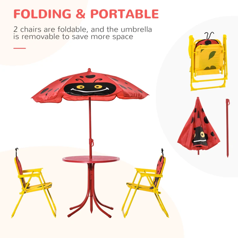 Outsunny Kids Table and Chair Set, Outdoor Folding Garden Furniture, Picnic Table for Patio Backyard, with Removable & Height Adjustable Sun Umbrella, Aged 3-6 Years Old, Red
