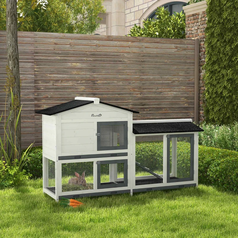 PawHut 62" Rabbit Hutch, Wooden Bunny Hutch, Guinea Pig Cage, Small Animal Enclosure with Run Area, Removable Tray, Asphalt Roof, Lockable Doors and Ramp, for Rabbits, Chickens, Ducks, White