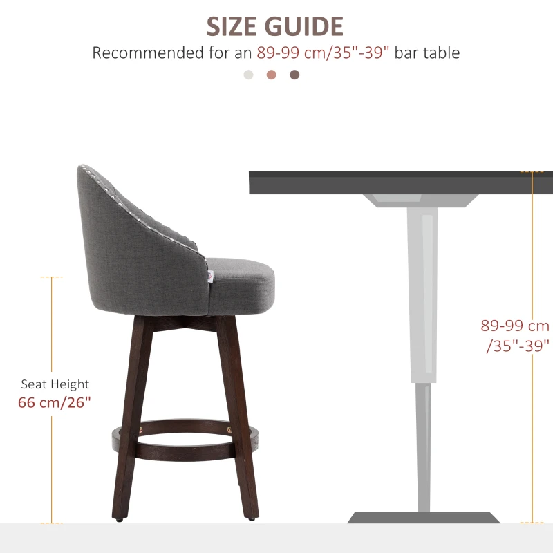 HOMCOM 26" Counter Height Bar Stools, Linen Fabric Kitchen Stools with Nailhead Trim, Rubber Wood Legs and Footrest for Dining Room, Counter, Pub, Set of 2, Dark Gray