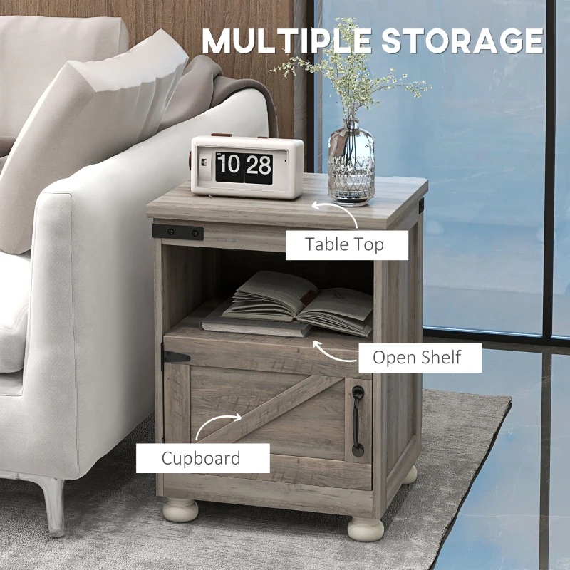 HOMCOM Side Table with Storage, End Table with Open Shelf, Cupboard and Wood Legs, Modern and Farmhouse Style, Gray