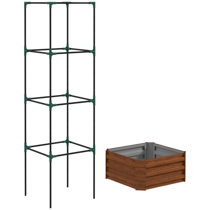 Outsunny Galvanized Planter Box, 24" x 24" x 73.5" Raised Garden Bed with Tomato Cage for Climbing Vines, Brown