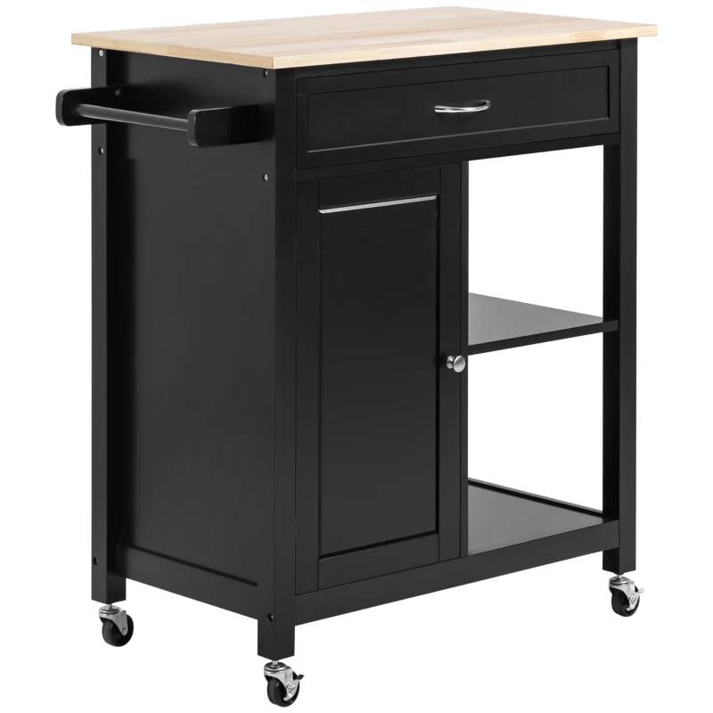 HOMCOM Kitchen Island Cart, Rolling Kitchen Island with Storage Shelf, Solid Wood Top, Drawer, for Dining Room, Black