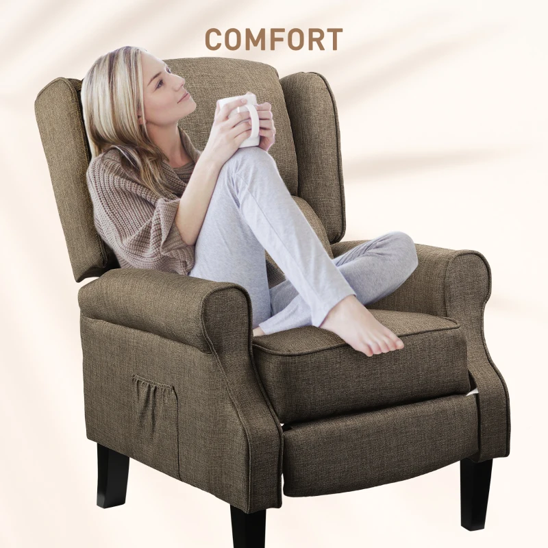 HOMCOM Vibration Massage Recliner Chair for Living Room with Heat,  Wingback Single Sofa, Modern Linen Fabric Push Back Reclining Chair with Footrest, Side Pocket, Brown