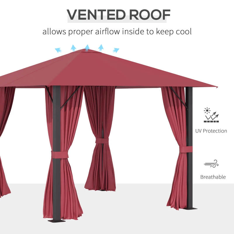 Outsunny 10' x 10' Patio Gazebo Aluminum Frame Outdoor Canopy Shelter with Sidewalls, Vented Roof for Garden, Lawn, Backyard, and Deck, Wine Red