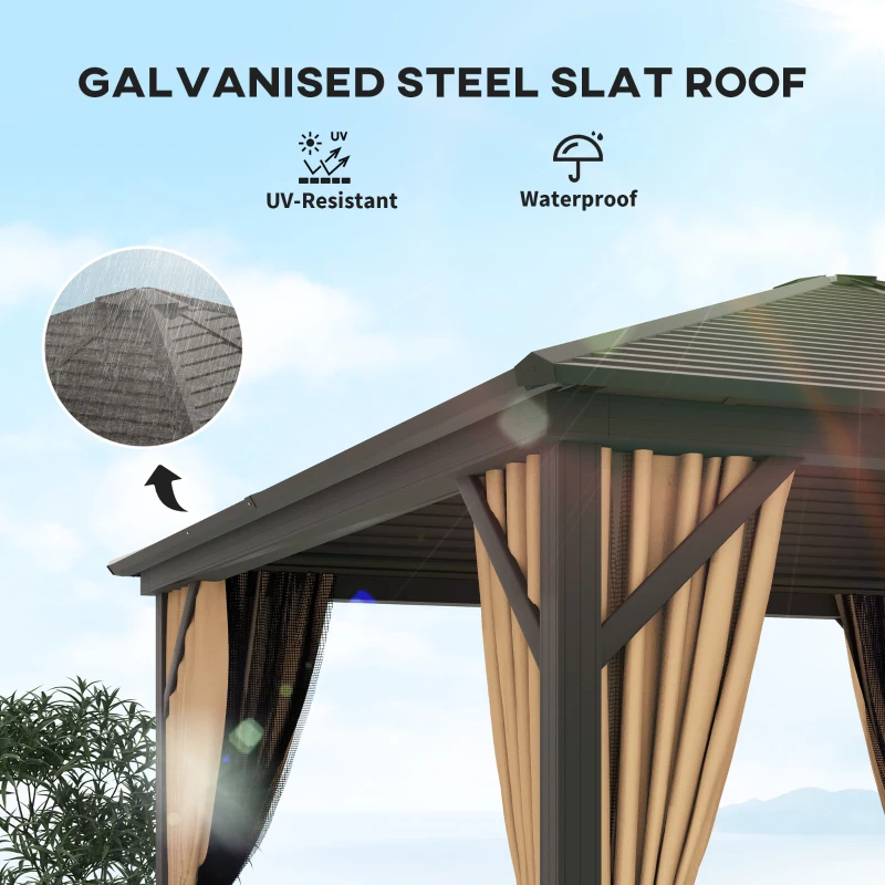 Outsunny 10' x 10' Hardtop Gazebo Outdoor Aluminum Gazebo Canopy with Mosquito Netting, Curtains, Hanging Hook, Brown