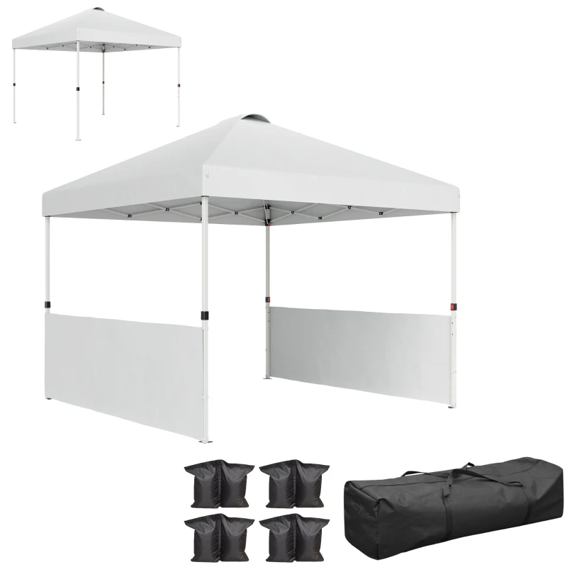 Outsunny 10' x 10' Pop Up Canopy Tent with 2 Half Sidewalls, UV50+ Instant Sun Shelter with Wheeled Carry Bag, White