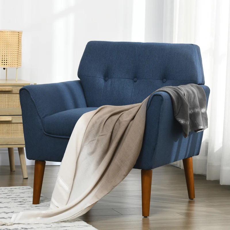 HOMCOM Traditional Accent Chair, Button Tufted Armchair with Wood Legs for Living Room, Bedroom, Blue