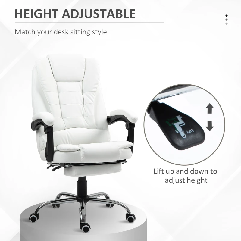 HOMCOM High Back Office Chair PU Leather Executive Office Chair with Retractable Footrest Padded Armrest White