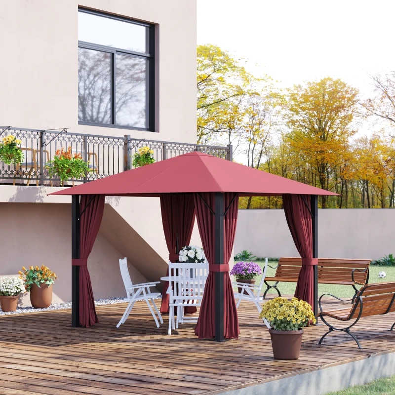 Outsunny 10' x 10' Patio Gazebo Aluminum Frame Outdoor Canopy Shelter with Sidewalls, Vented Roof for Garden, Lawn, Backyard, and Deck, Wine Red