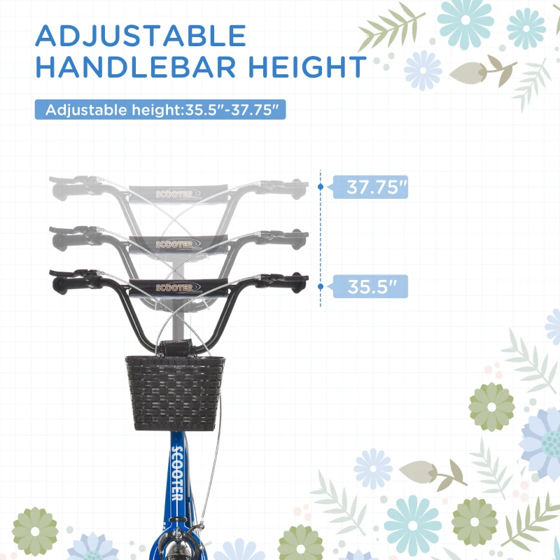 Aosom Youth Scooter, Kick Scooter with Adjustable Handlebars, Double Brakes, 16" Inflatable Rubber Tires, Basket, Cupholder, Blue