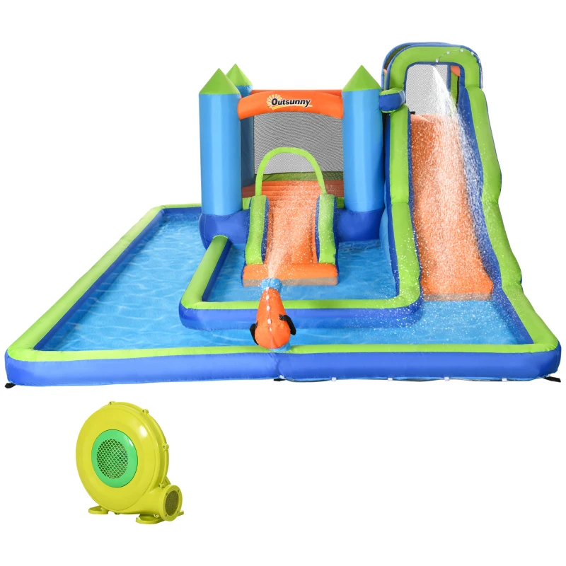 Outsunny Kids Inflatable Water Slide 5-in-1 Bounce House Water Park Jumping Castle with Water Pool, Slide, Climbing Walls, & Water Cannons, 450W Air Blower