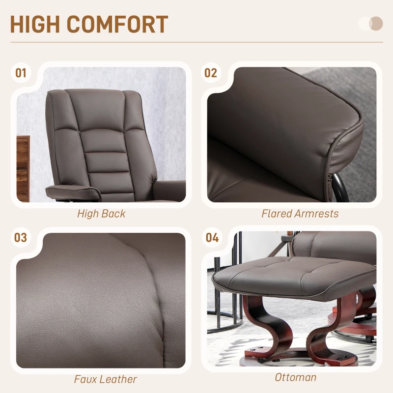 HOMCOM Faux Leather Recliner with Ottoman, Swivel Recliner Chair and Ottoman with High Back and Wood Base, Brown