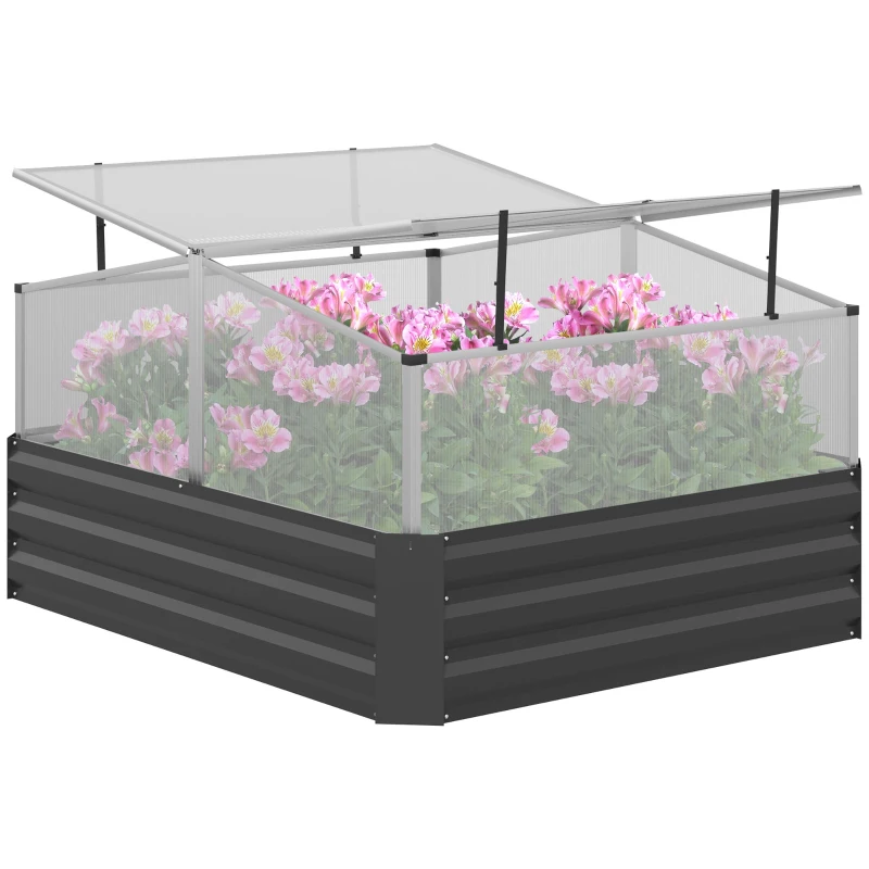 Outsunny Galvanized Raised Garden Bed with Greenhouse, Flowers, Vegetables for Patio, 49.6" x 42.1" x 26.6", Dark Gray