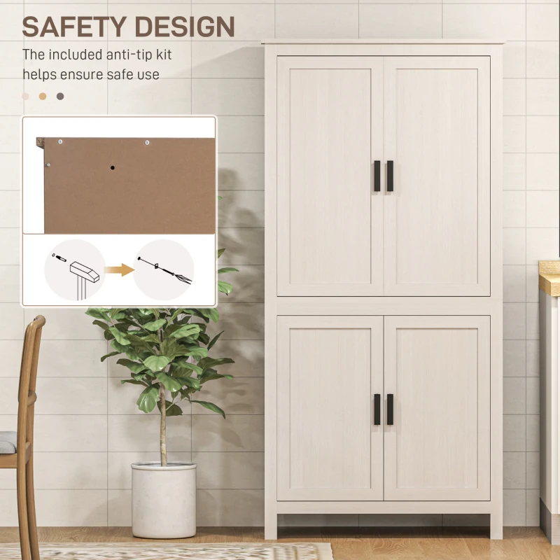 HOMCOM 64" Kitchen Pantry Cabinet, Freestanding Storage Cabinet with 4 Doors, 3 Adjustable Shelves, Antique White
