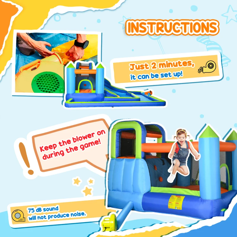 Outsunny Kids Inflatable Water Slide 5-in-1 Bounce House Water Park Jumping Castle with Water Pool, Slide, Climbing Walls, & Water Cannons, 450W Air Blower