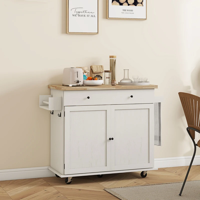 HOMCOM Farmhouse Rolling Island with Wheels for Kitchen, Wood Breakfast Bar Kitchen Island on Rollers, Drawer and Doors, White