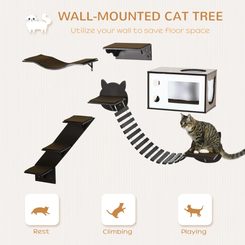 PawHut 5PCs Cat Wall Shelves Pet Wall-mounted Climbing Shelf Set with Cushion Condo Jumping Platform Ladder Brown