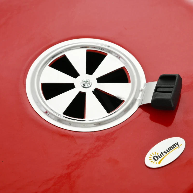 Outsunny Portable BBQ Grill Charcoal Grill with Wheels Bottom Shelf, 2 Tables and Adjustable Vents for Backyard Cooking, Red