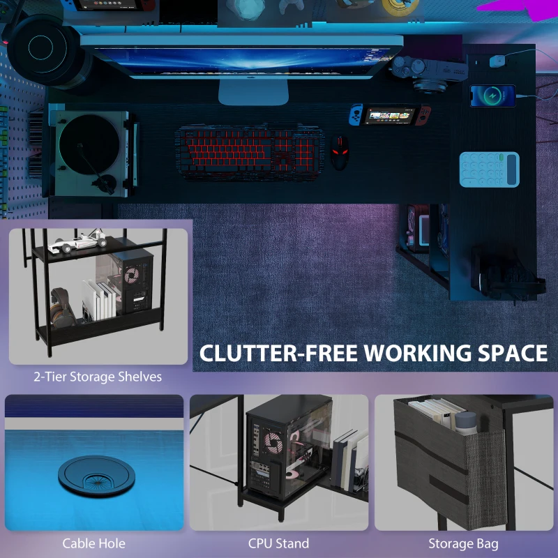 HOMCOM 58" Reversible L Shaped Computer Desk, Corner Desk with Monitor Stand, Power Outlets and LED Lights, Black