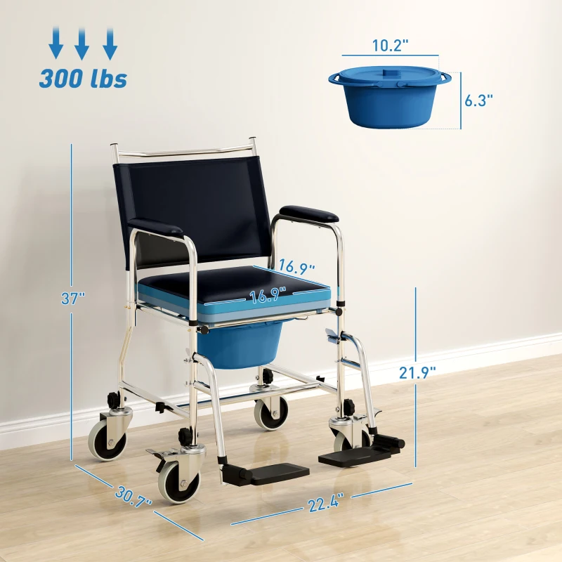 HOMCOM Rolling Shower Chair, Bedside Commode Wheelchair with Padded Seat, Backrest, for Seniors, Disabled, 300 lbs, Black