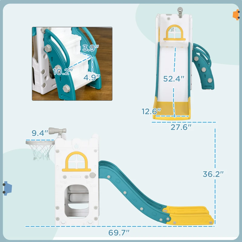 Qaba 5 in 1 Toddler Slide with Basketball Hoop, Climber, Telescope & Storage Baskets for 1-3 Years Olds, Yellow